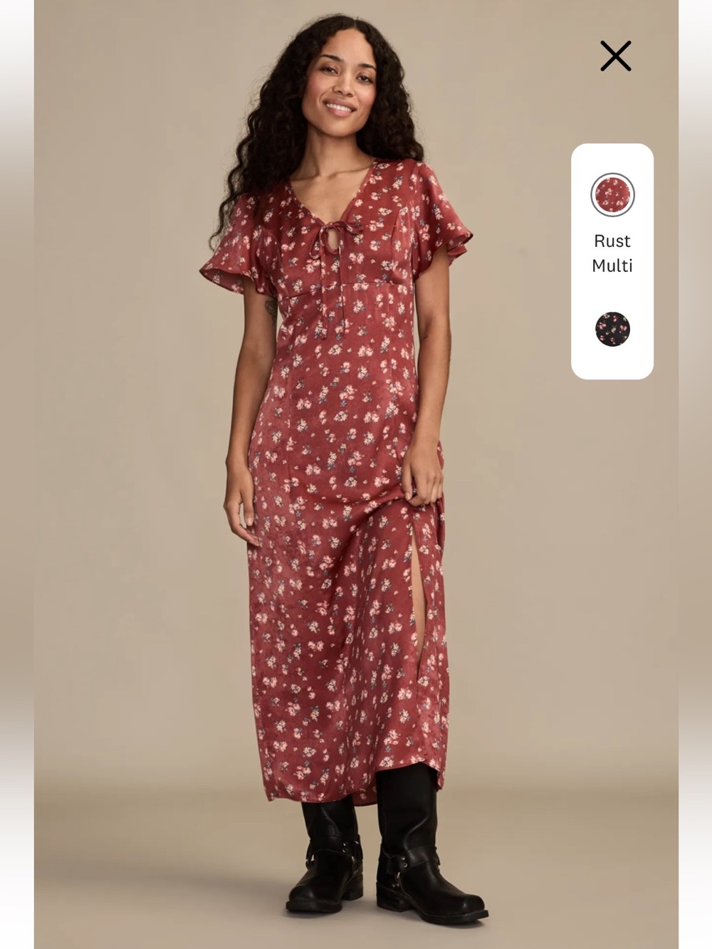 NWT Lucky Brand Rust Red Floral Flutter Sleeve Midi Dress Boho Front Slit XL